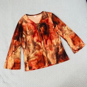 VINTAGE RETRO Y2K RED/ORANGE FLAME FUNKY LEATHER TIE BOHO LONG S LEEVE BLOUSE